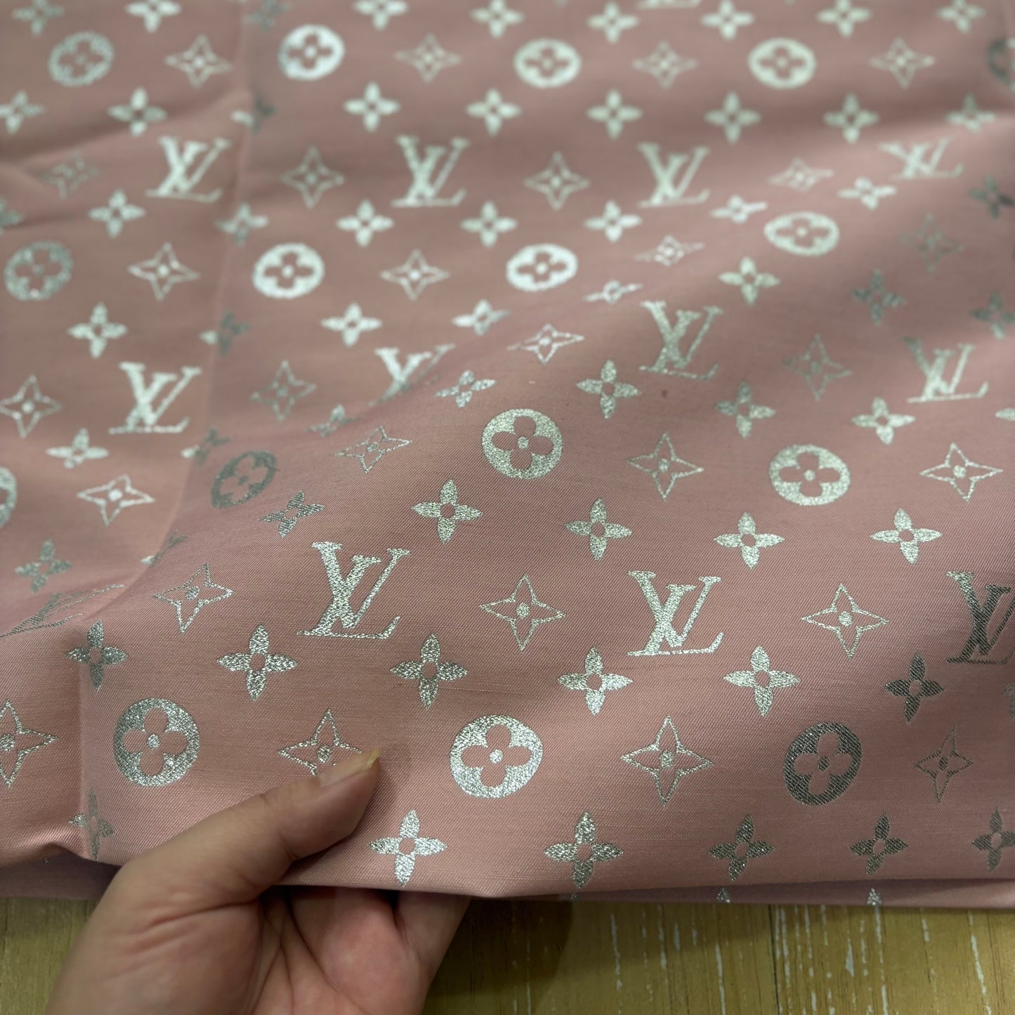 LV Shimmer Silver on Pink Jacquard Fabric