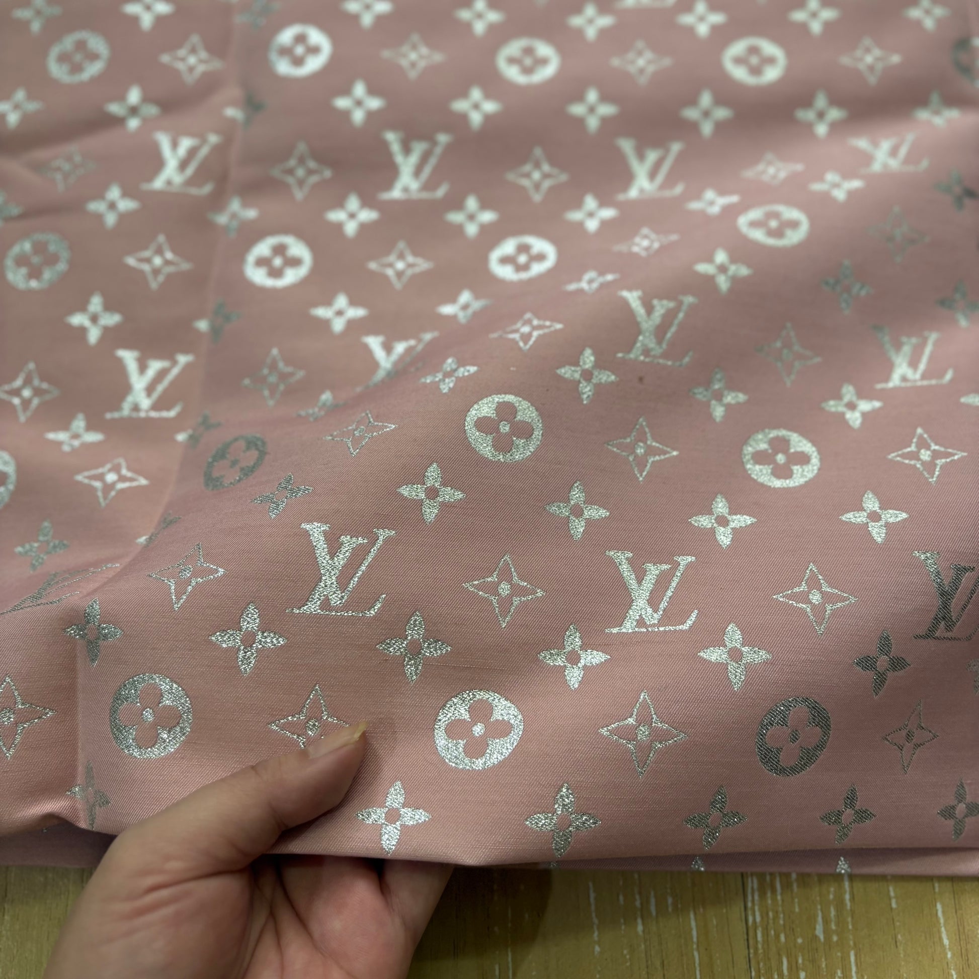 LV Shimmer Silver on Pink Jacquard Fabric