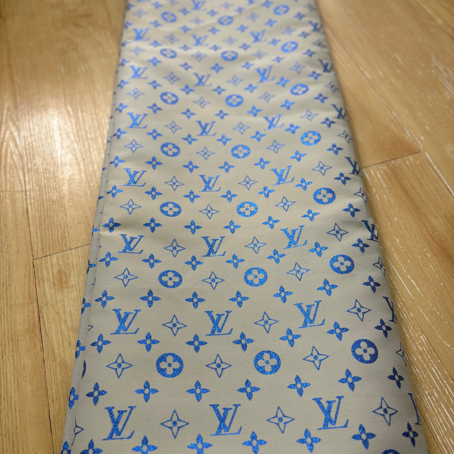 LV Shimmer Blue on Beige Jacquard Fabric