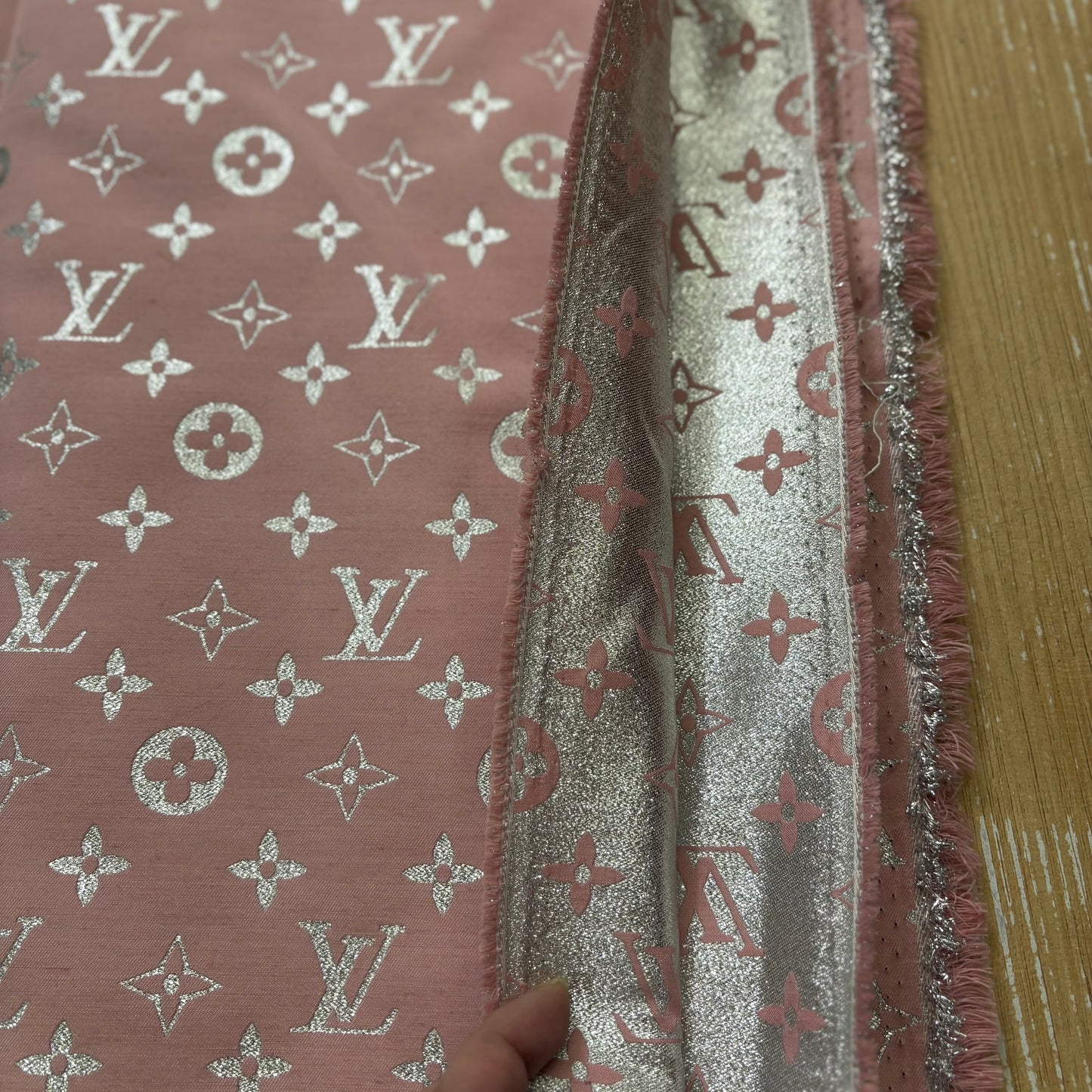 LV Shimmer Silver on Pink Jacquard Fabric