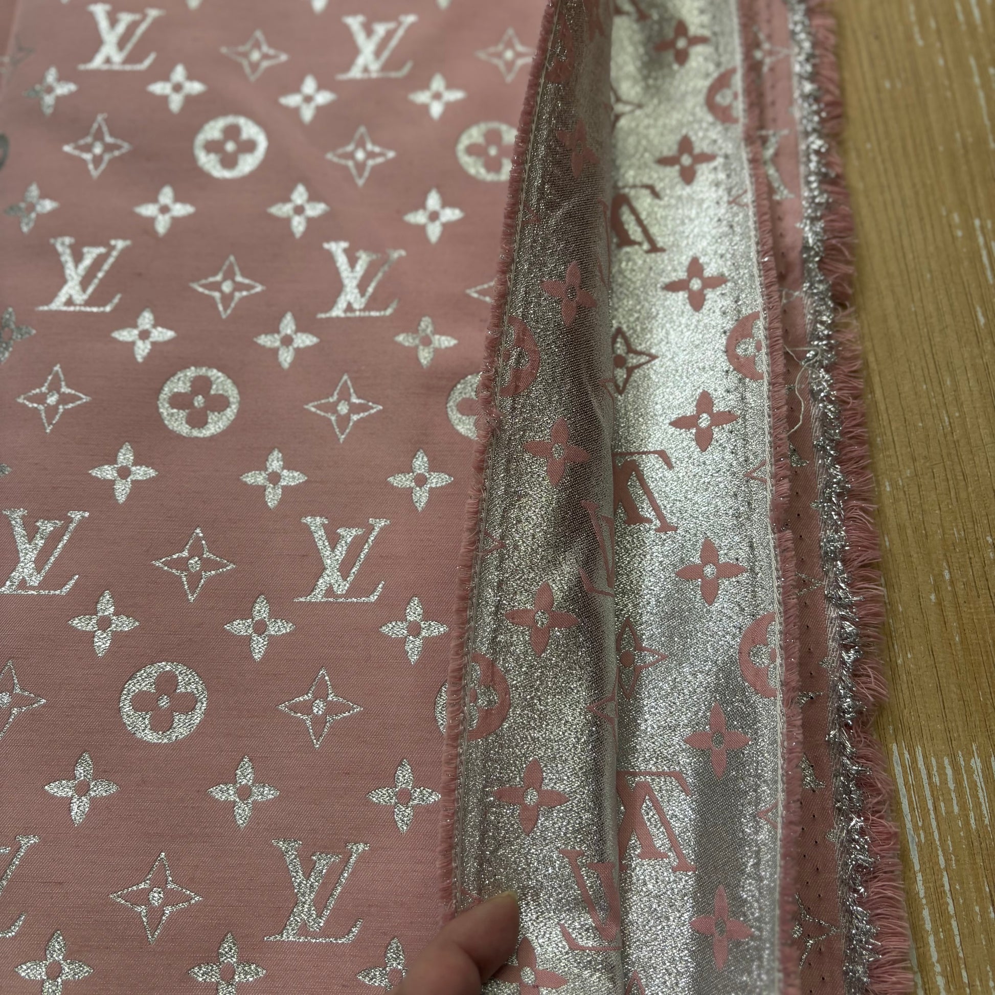 LV Shimmer Silver on Pink Jacquard Fabric