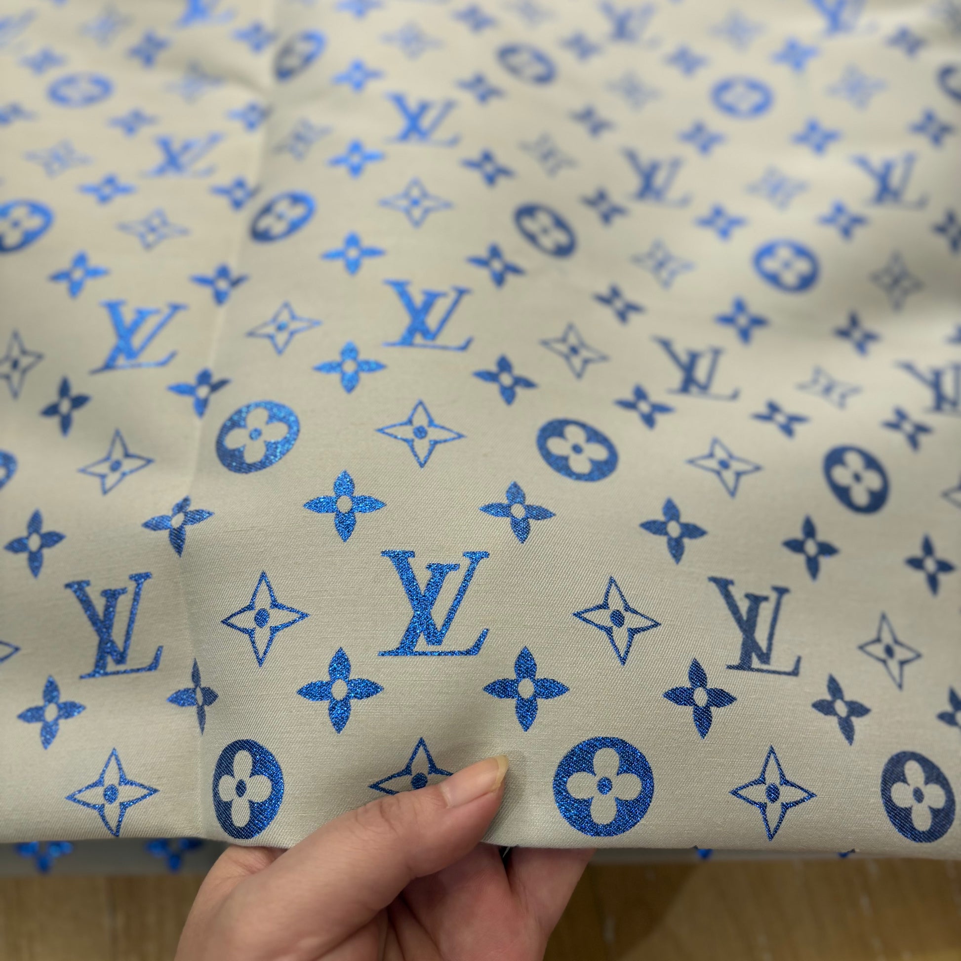 LV Shimmer Blue on Beige Jacquard Fabric