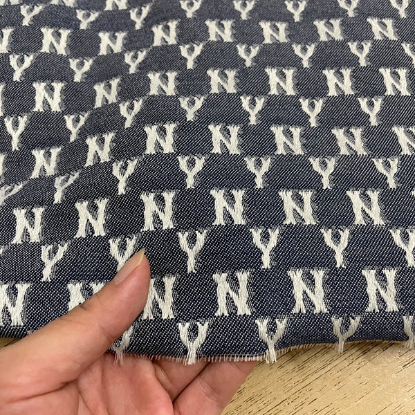 M02 NY Monogram Jacquard Fabric Blue and Khaki