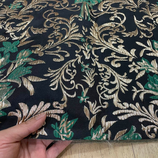 J03 Gold Floral Jacquard Fabric Gold Green on Black