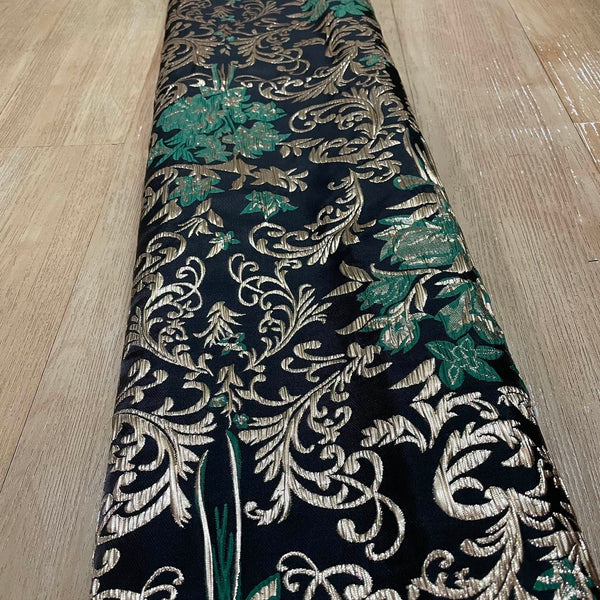 J03 Gold Floral Jacquard Fabric Gold Green on Black