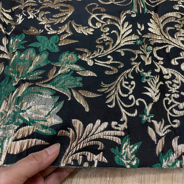 J03 Gold Floral Jacquard Fabric Gold Green on Black