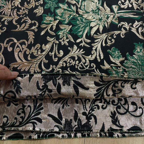 J03 Gold Floral Jacquard Fabric Gold Green on Black