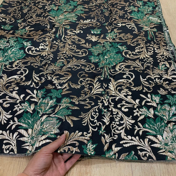 J03 Gold Floral Jacquard Fabric Gold Green on Black