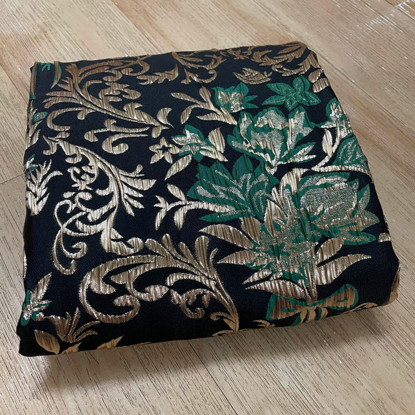 J03 Gold Floral Jacquard Fabric Gold Green on Black